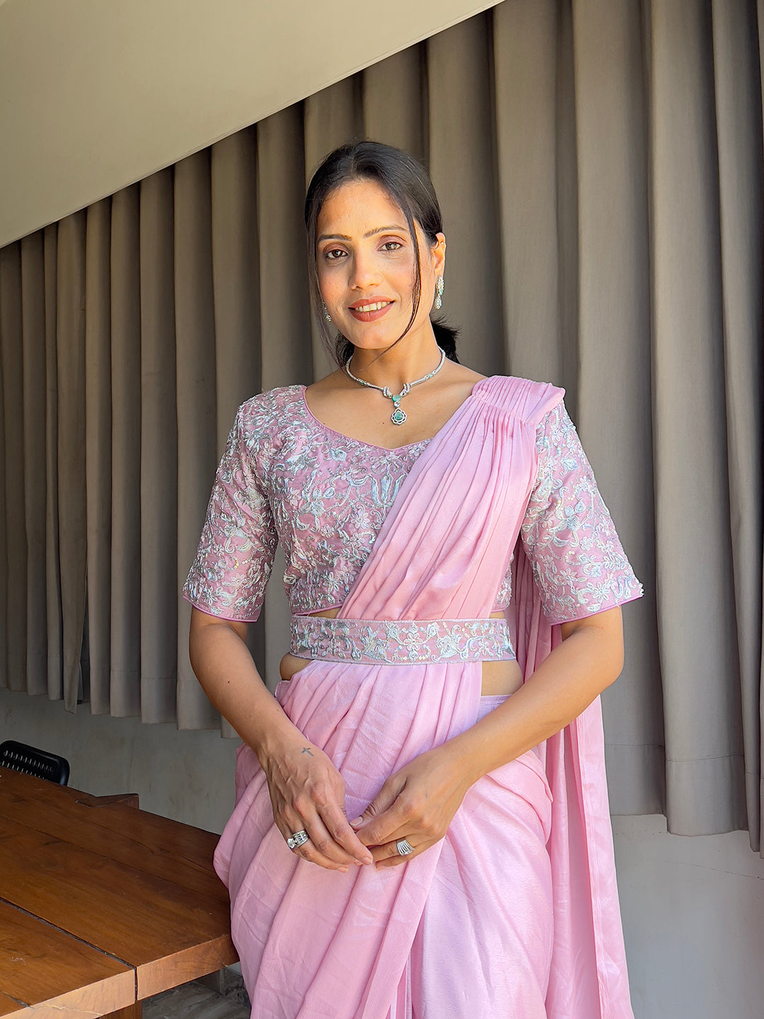 Ready To Wear Chinon Embroidery Work Saree With Stitched Blouse