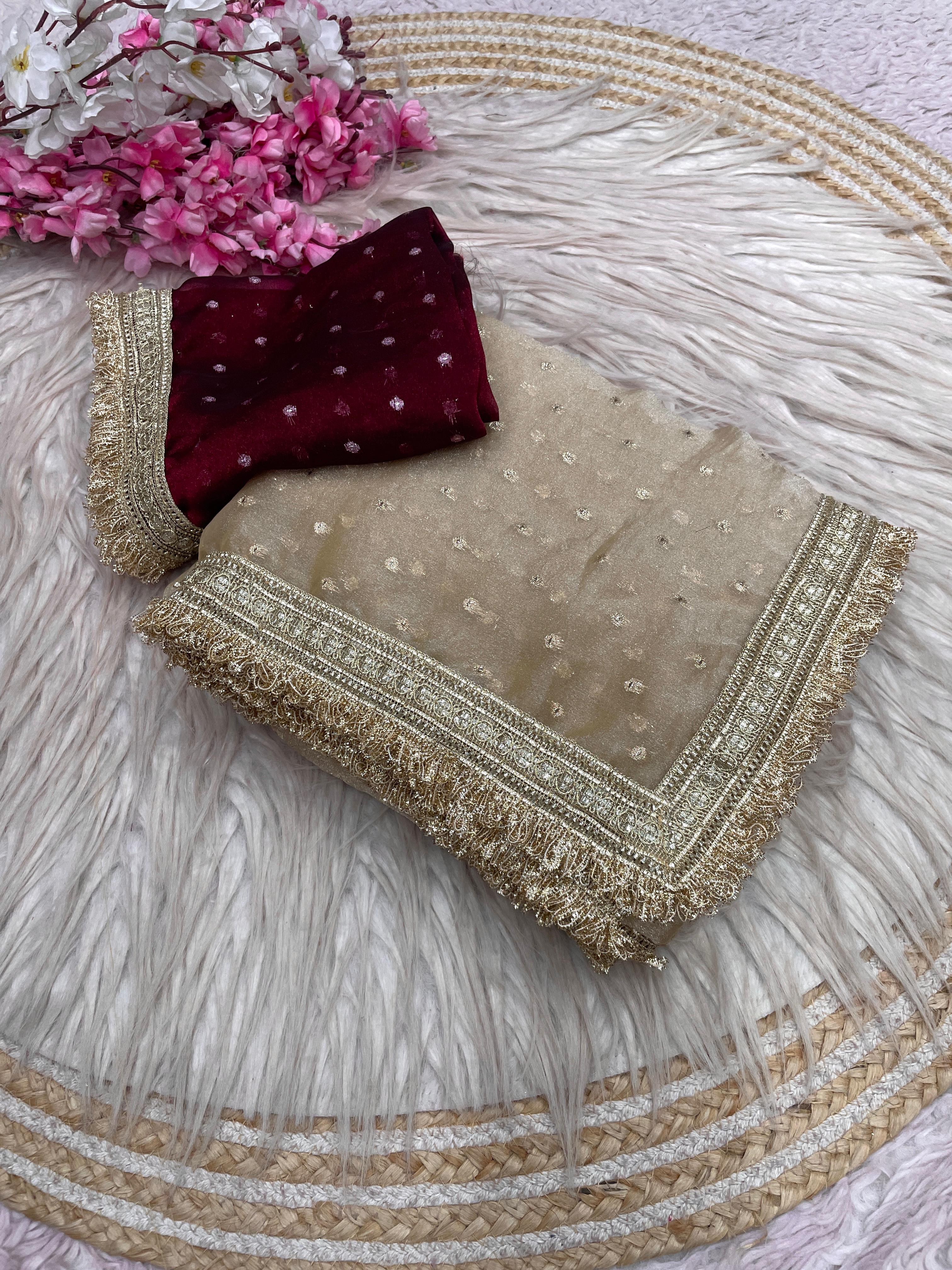 Moss Silk Jacquard Butti Saree with Fancy Lace Border