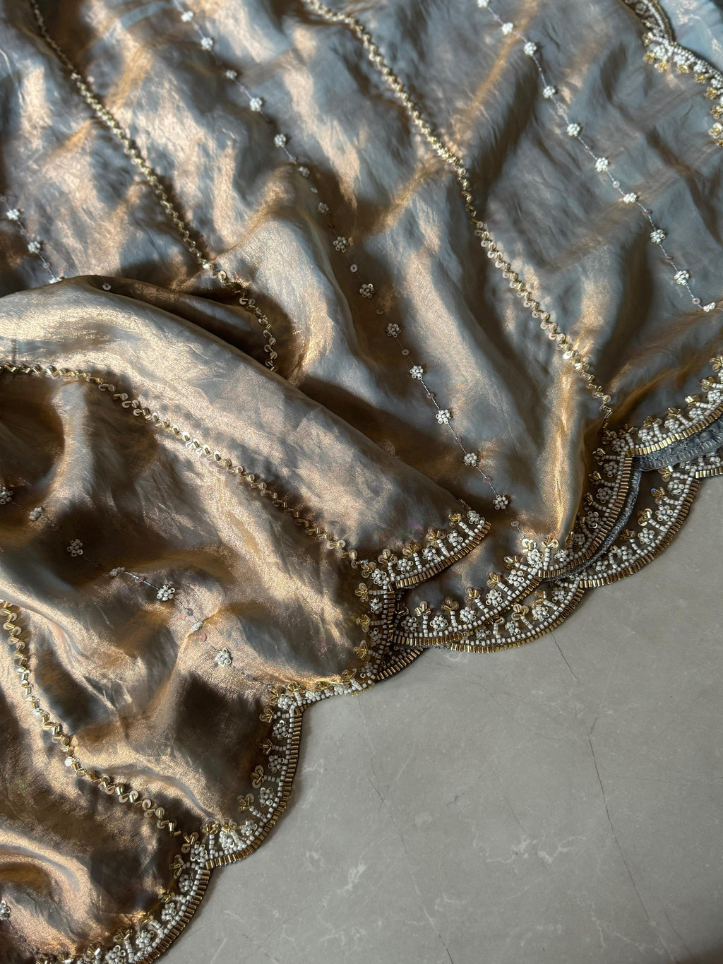 Hand-Embellished Silk Saree with Moti, Cutdana & Sequin Work