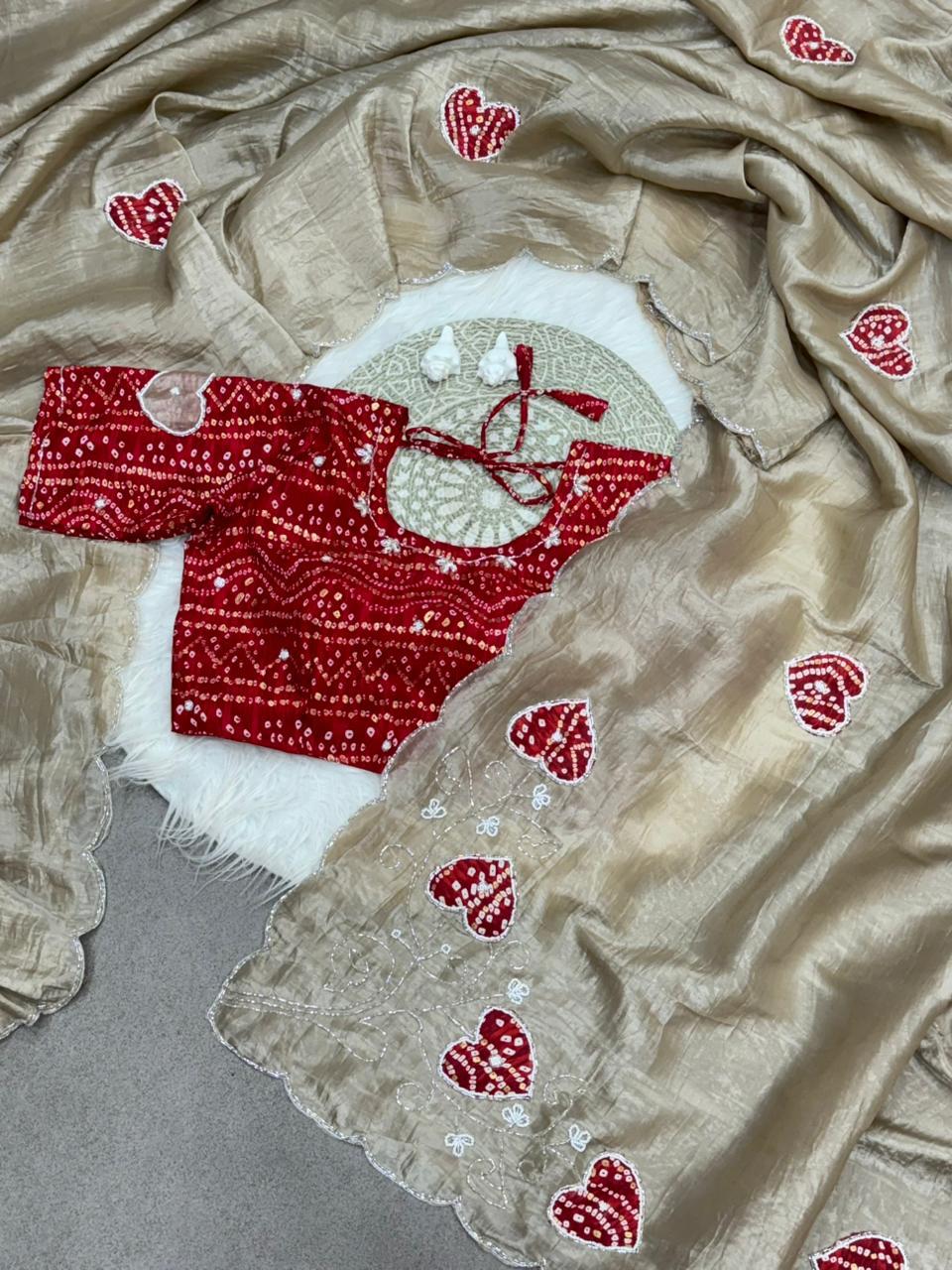 Royal Heart Motif Bandhani Saree with Rich Floral Pallu & Cutdana Embellishments