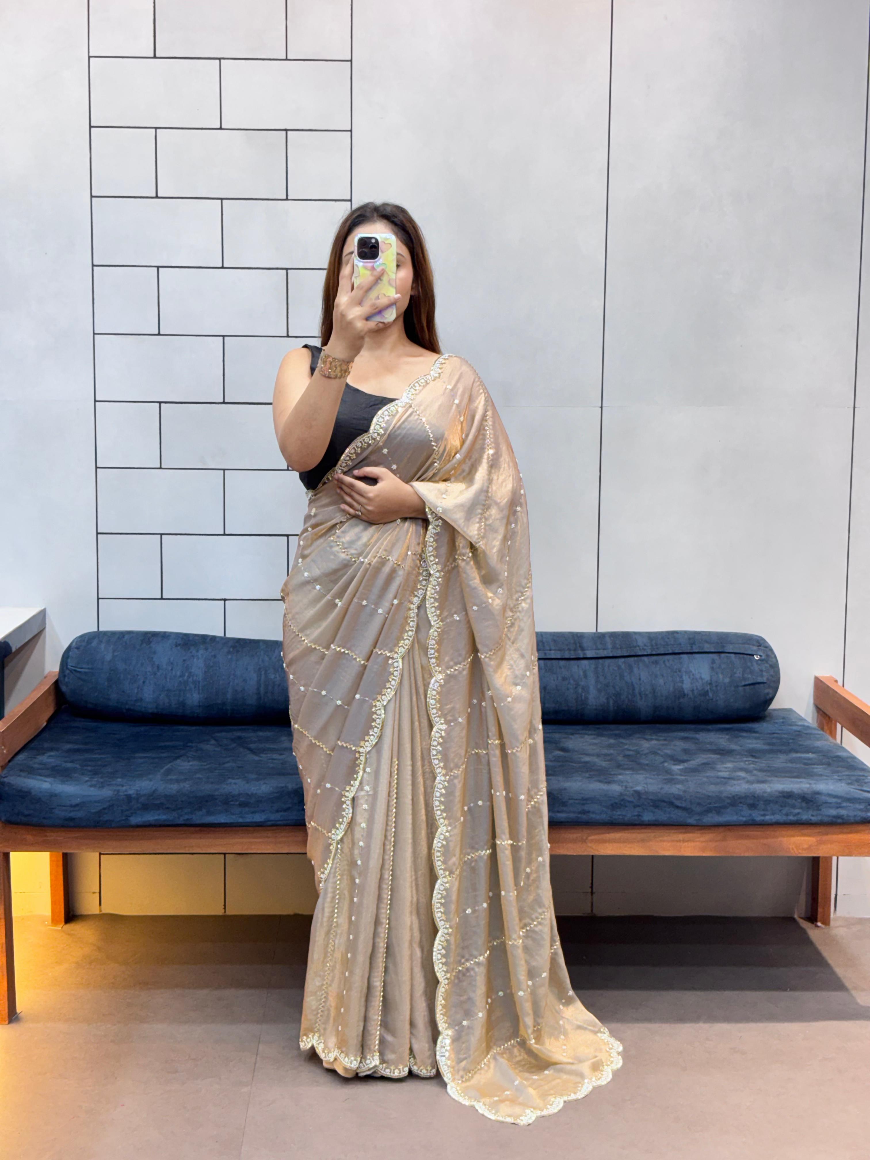 Hand-Embellished Silk Saree with Moti, Cutdana & Sequin Work