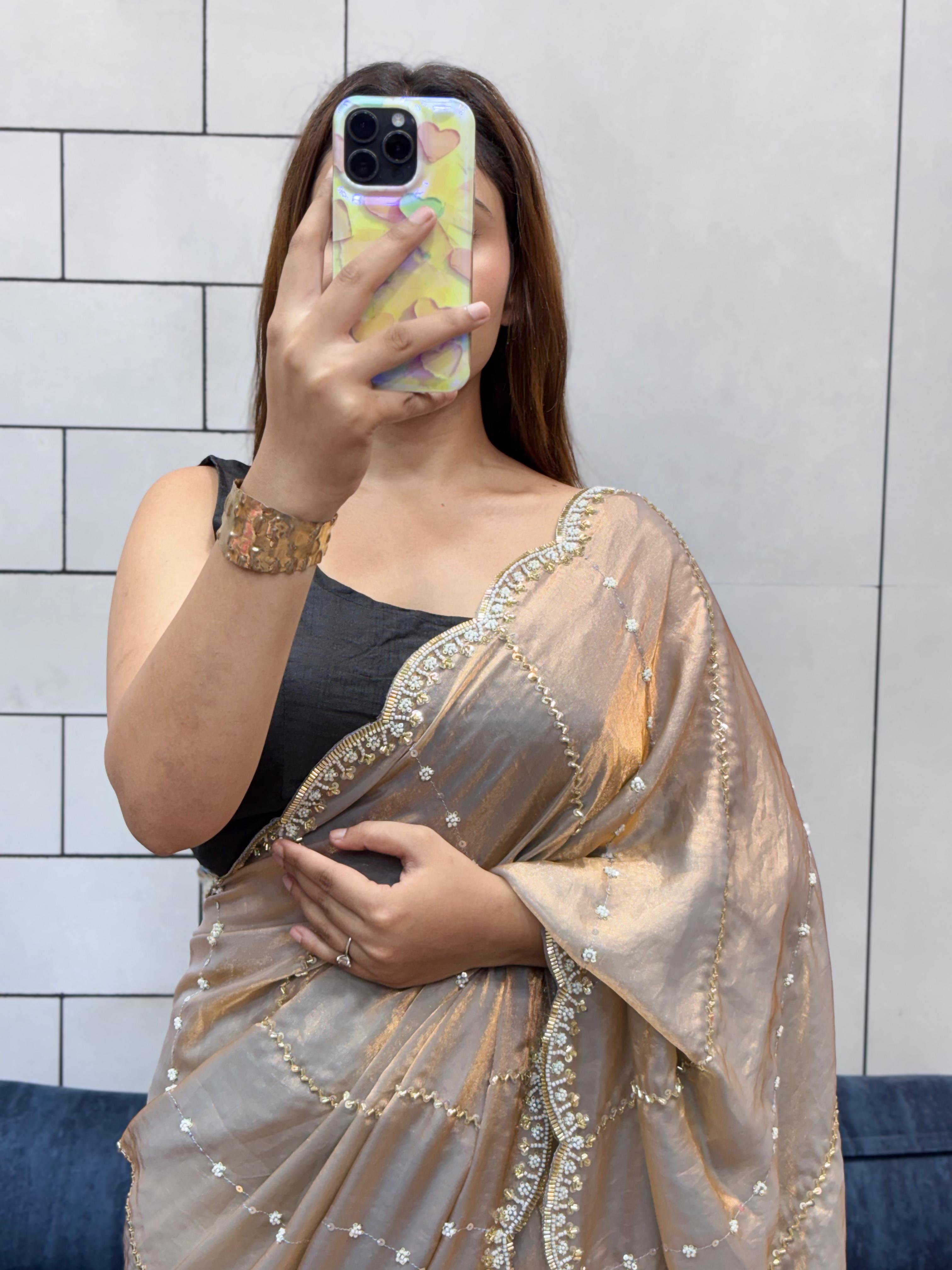 Hand-Embellished Silk Saree with Moti, Cutdana & Sequin Work