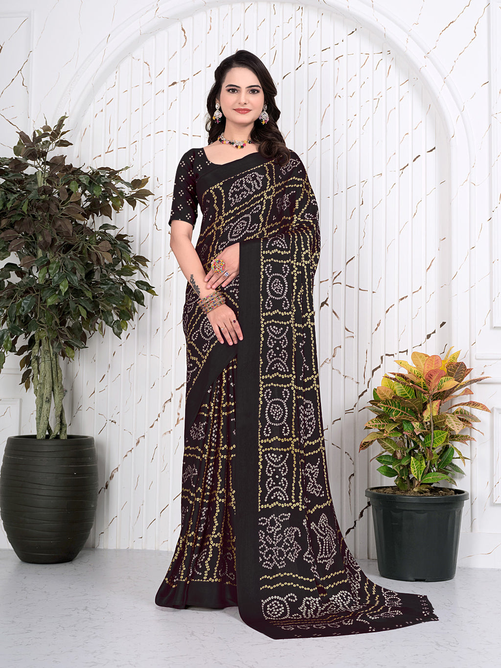 Bandhani Printed Satin Silk Saree for Party Look