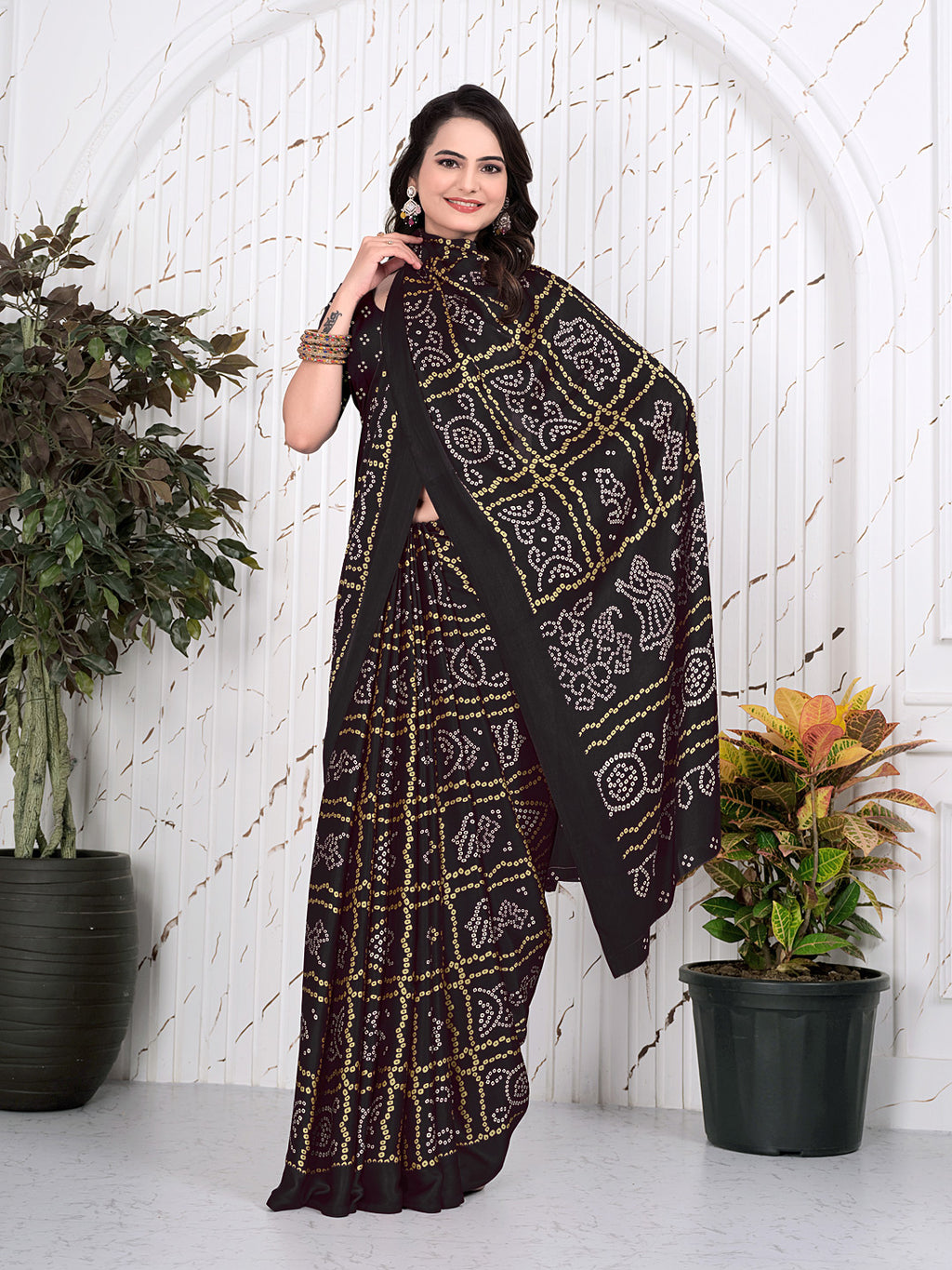 Bandhani Printed Satin Silk Saree for Party Look