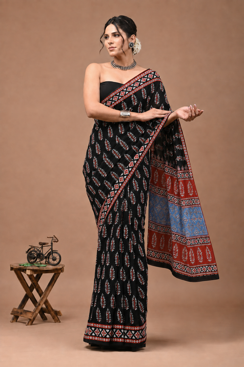 Ajrakh Inspired Printed Mul Cotton Saree