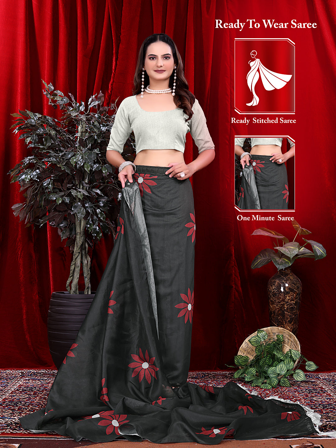 Ready To Wear Floral Print Handloom Pure Linen Saree