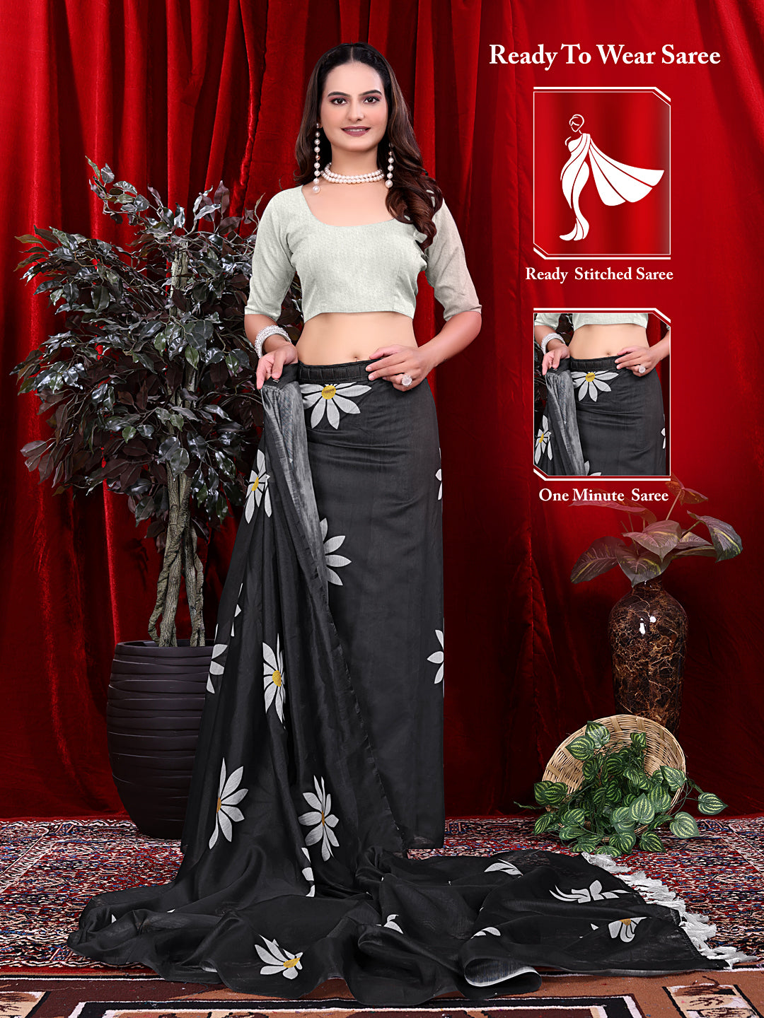 Ready To Wear Floral Print Handloom Pure Linen Saree