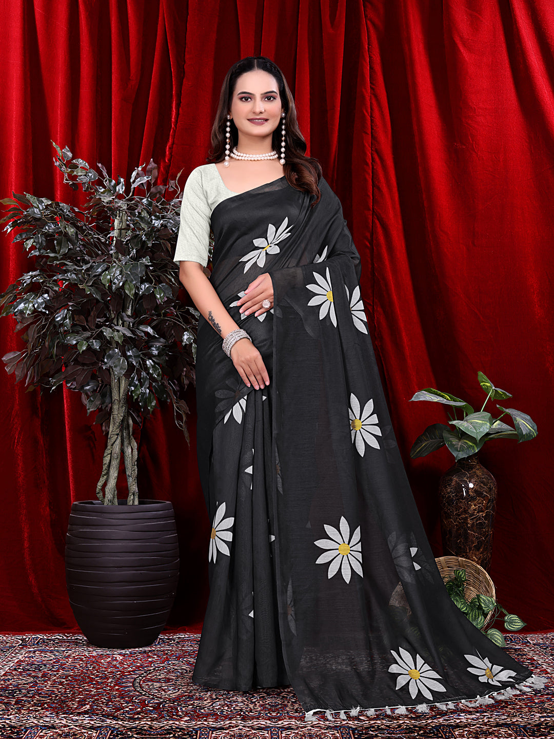 Ready To Wear Floral Print Handloom Pure Linen Saree