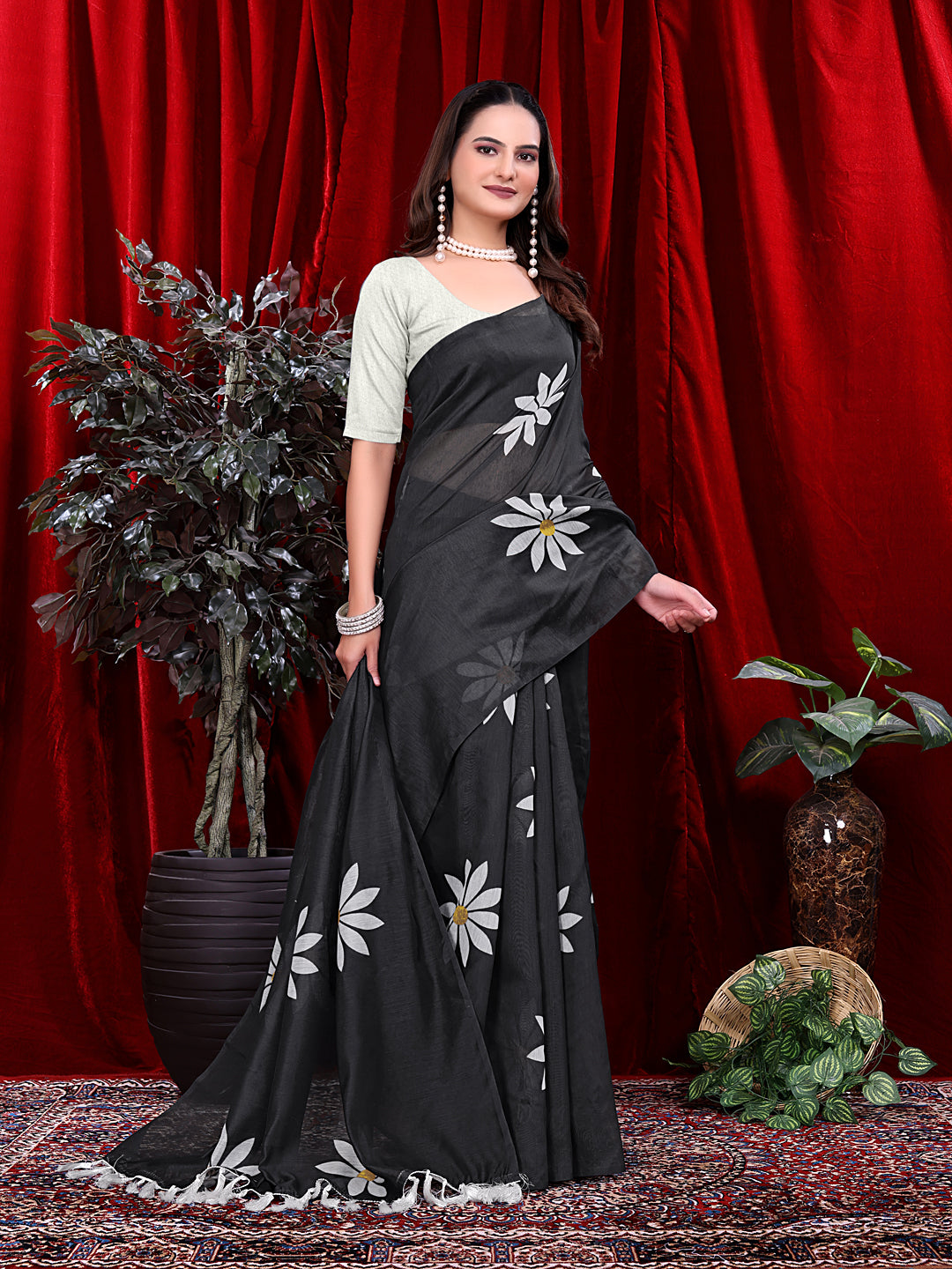 Ready To Wear Floral Print Handloom Pure Linen Saree