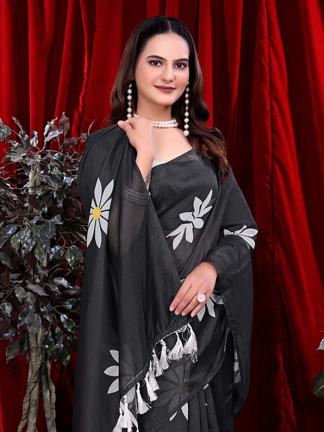 Ready To Wear Floral Print Handloom Pure Linen Saree