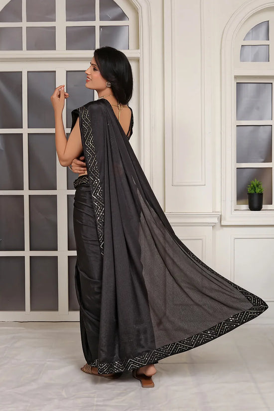 Pionex Ready To Wear Chinon Solid Saree With Embroidered Border