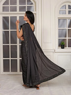 Pionex Ready To Wear Chinon Solid Saree With Embroidered Border