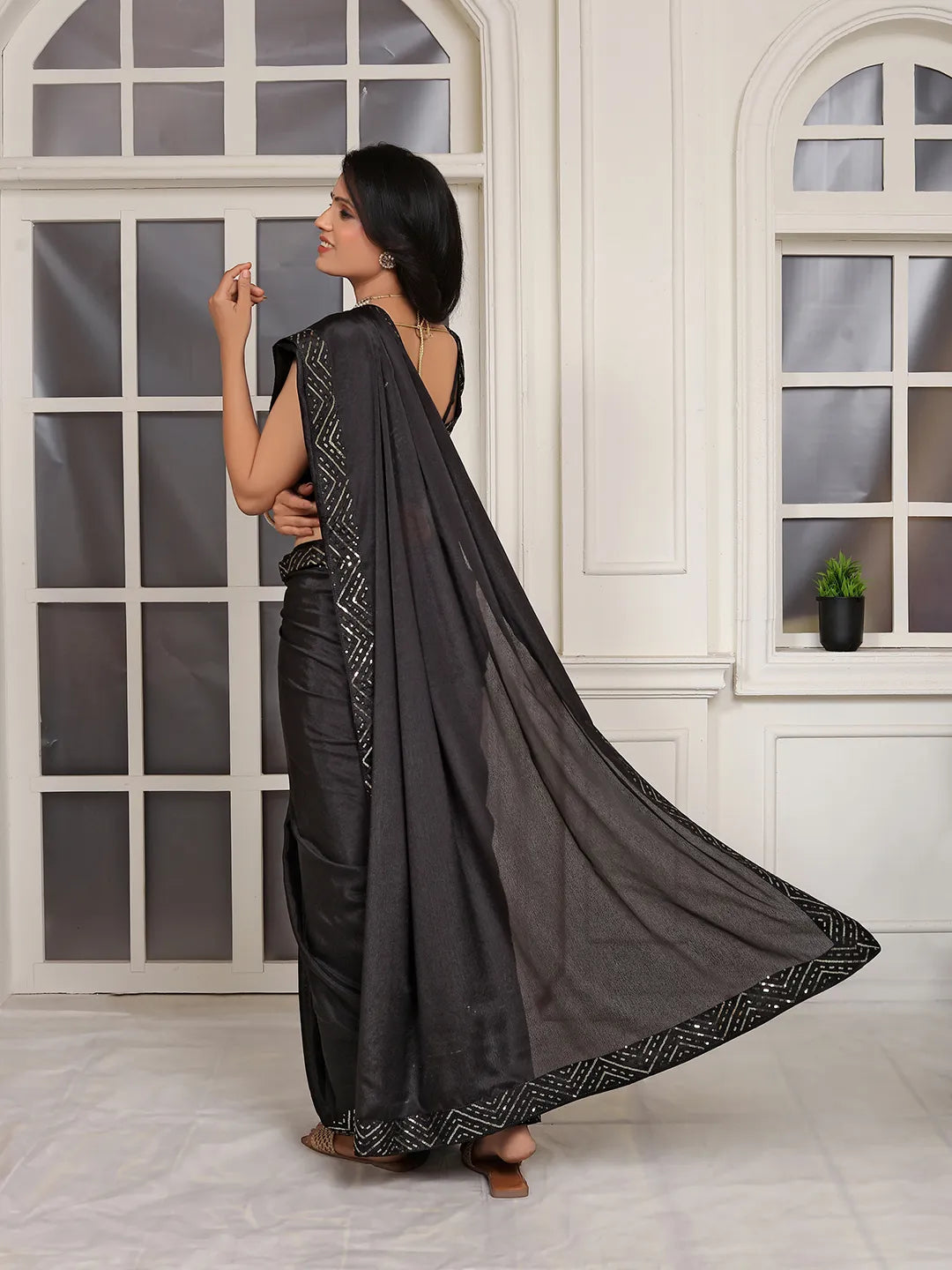 Pionex Ready To Wear Chinon Solid Saree With Embroidered Border