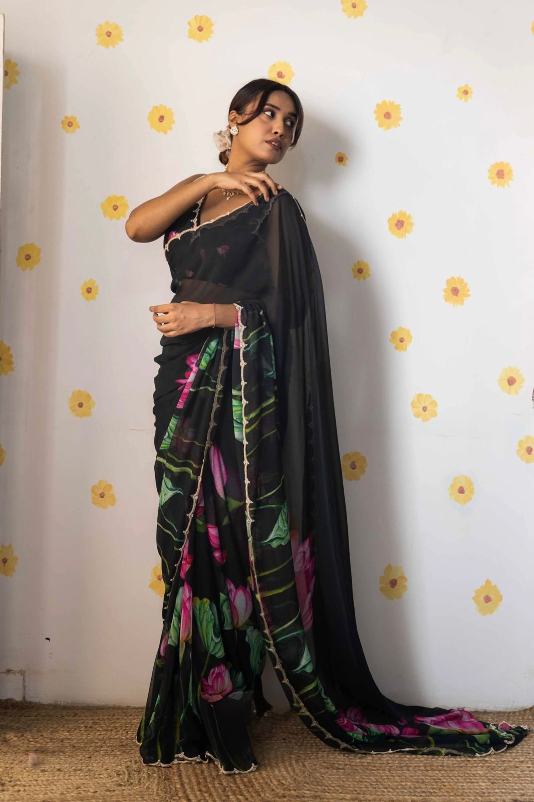 Soft Tabi Organza Floral Saree with Khatali Cut Dana & Moti Work