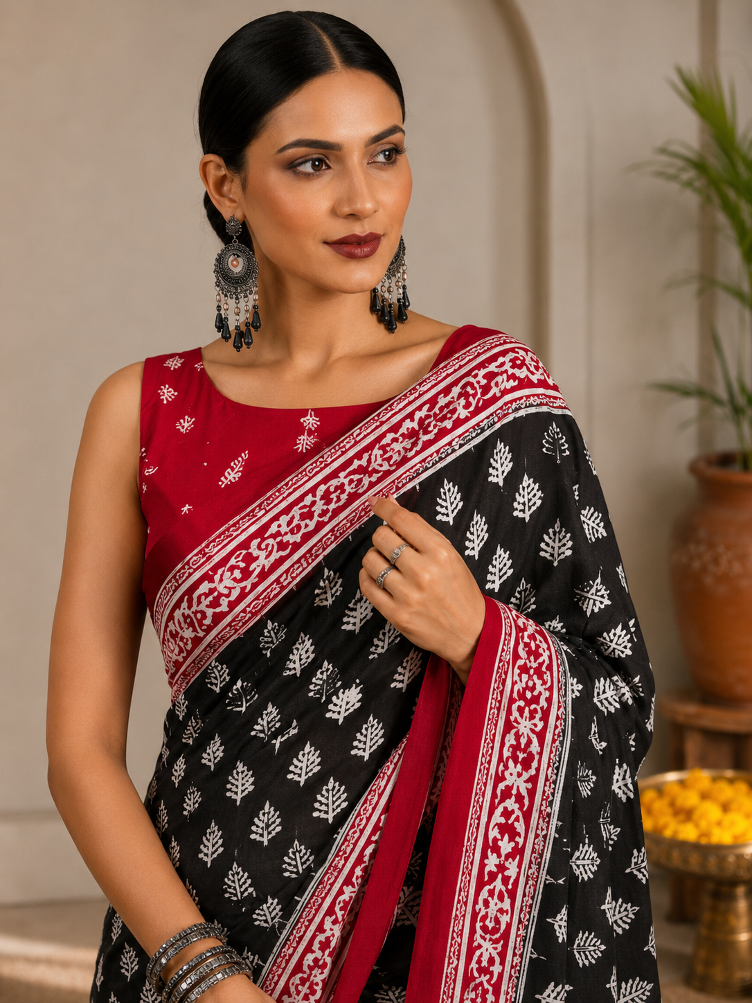 Block Printed Mulmul Saree with Leaf Motifs and Contrast Border