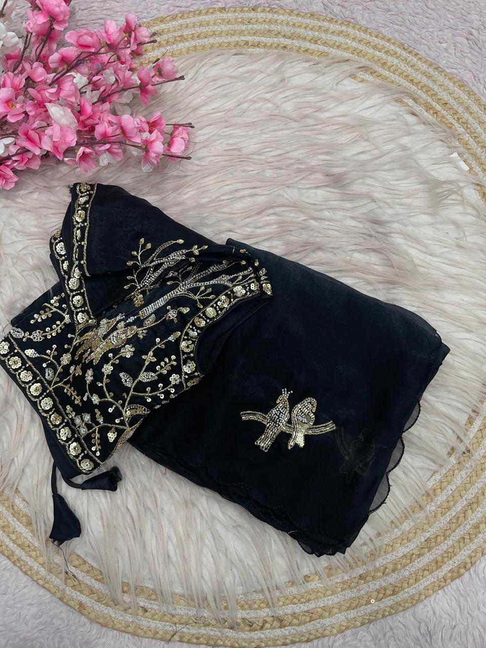 Satin Saree with Heavy Beaded Work Stitched Blouse