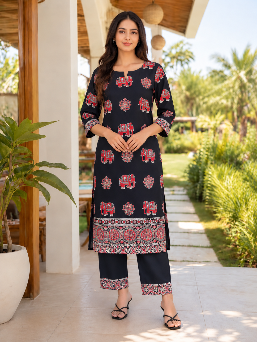 Soft cotton Ajrakh straight kurta set – black