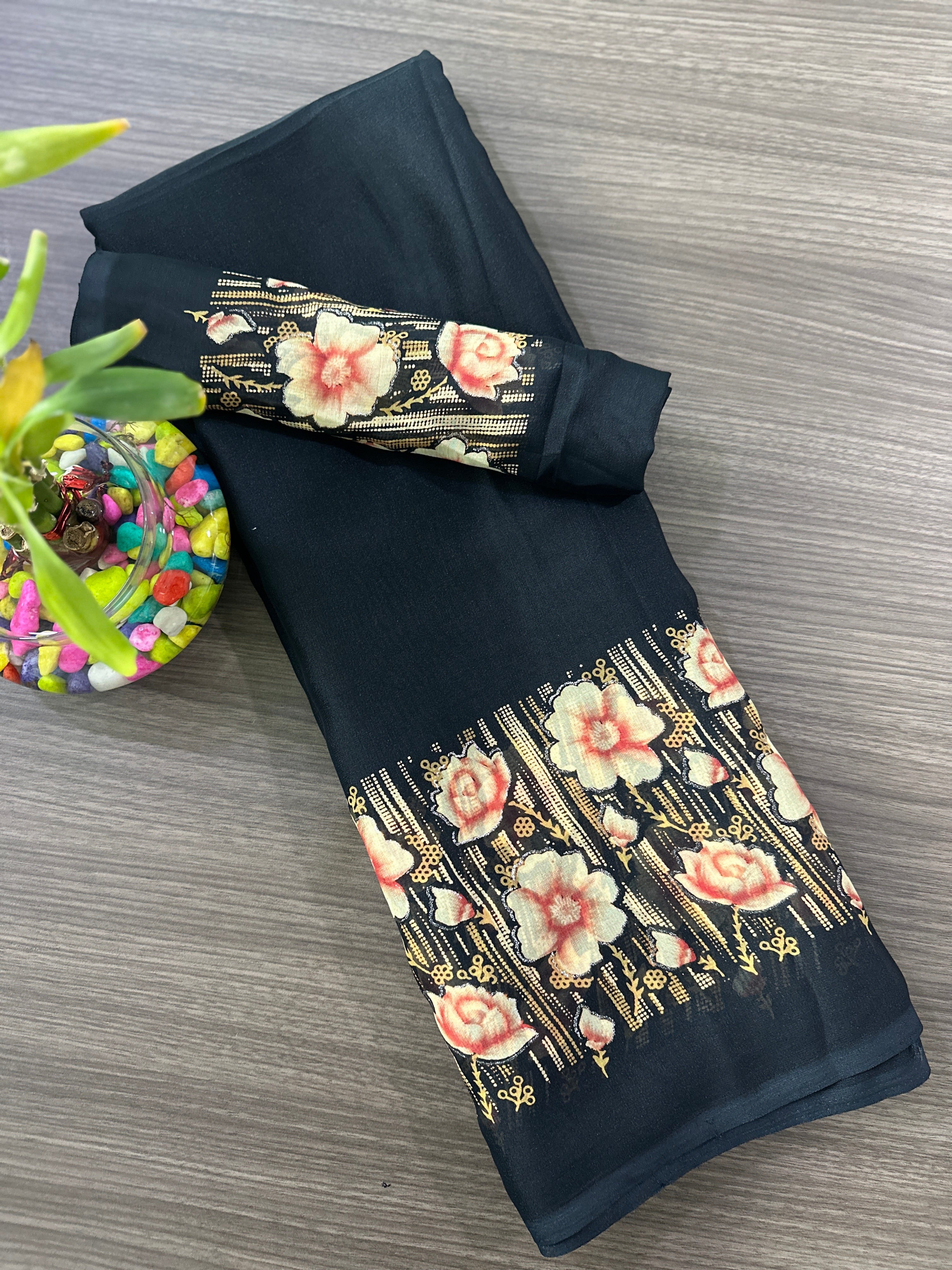 Elegant Floral Border Printed Georgette Border Saree