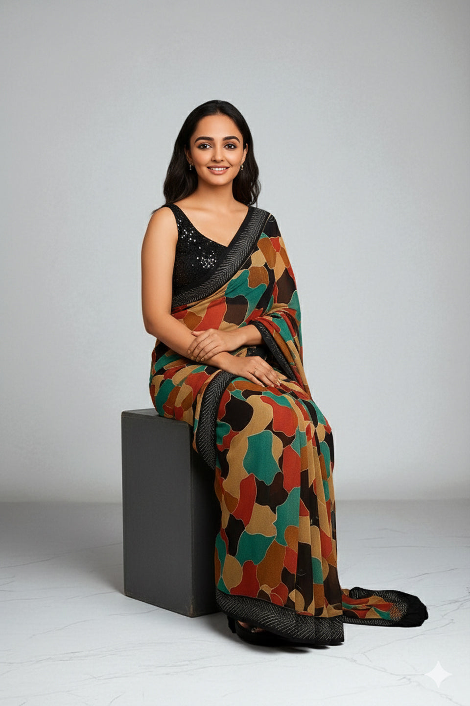 Abstract Printed Chiffon Saree With Border Siroski Diamond Work