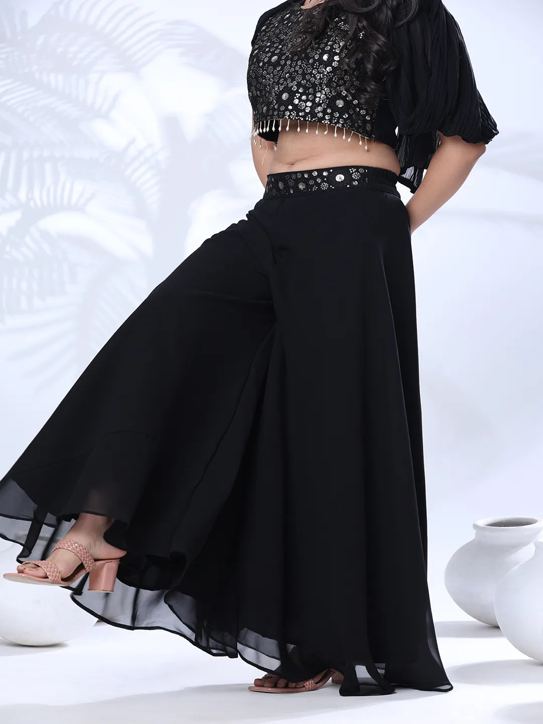 Georgette Floral Embroidered Sequined Crop Top with Palazzo