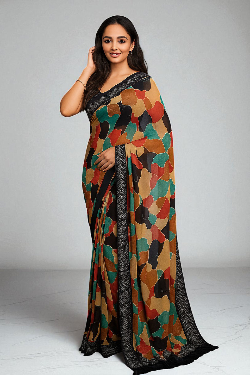 Abstract Printed Chiffon Saree With Border Siroski Diamond Work