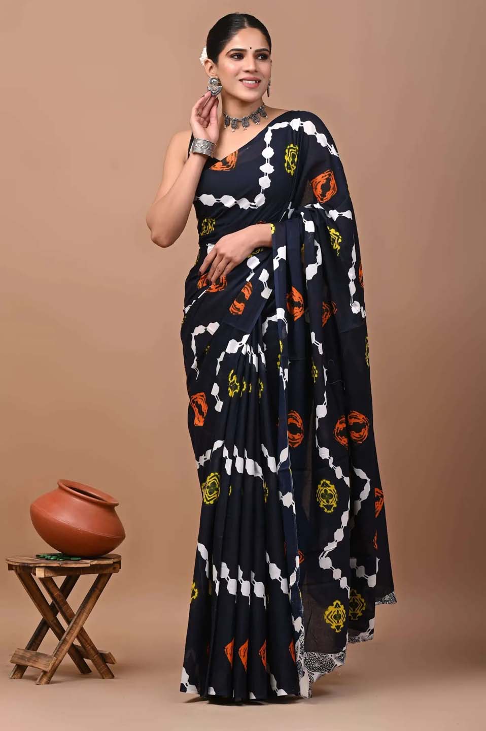 Ready to Wear Jaipuri Mul Cotton Geometric Printed Saree for Women