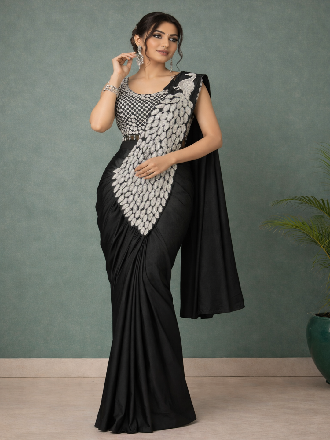 Ready to Wear Silk Crepe Saree with Heavy Embroidery Sequence Work Stitched Blouse