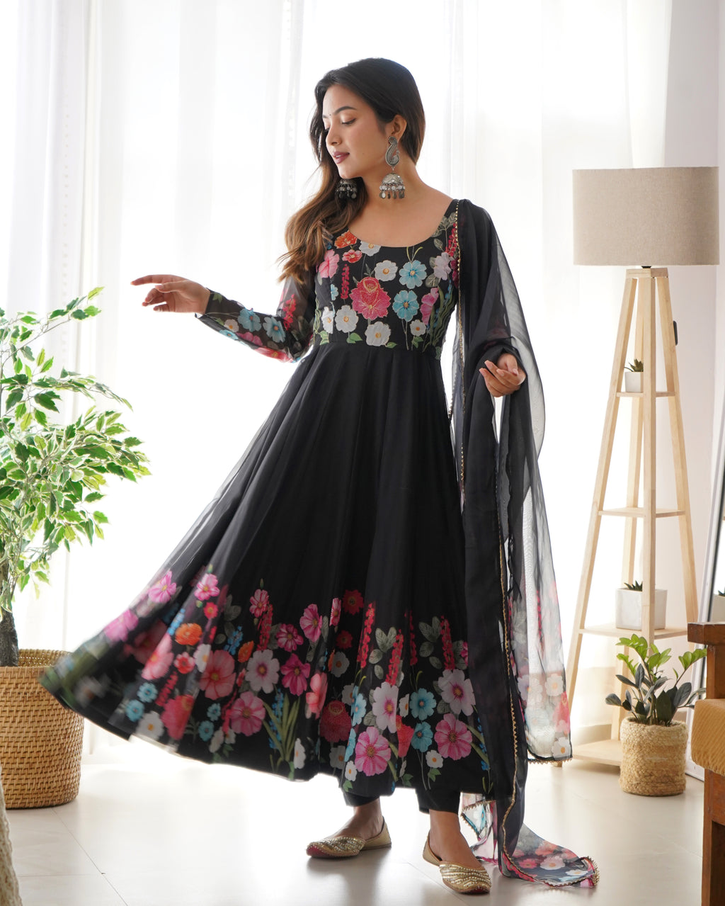 Women Floral Printed Organza Silk Flared Anarkali Kurta Set