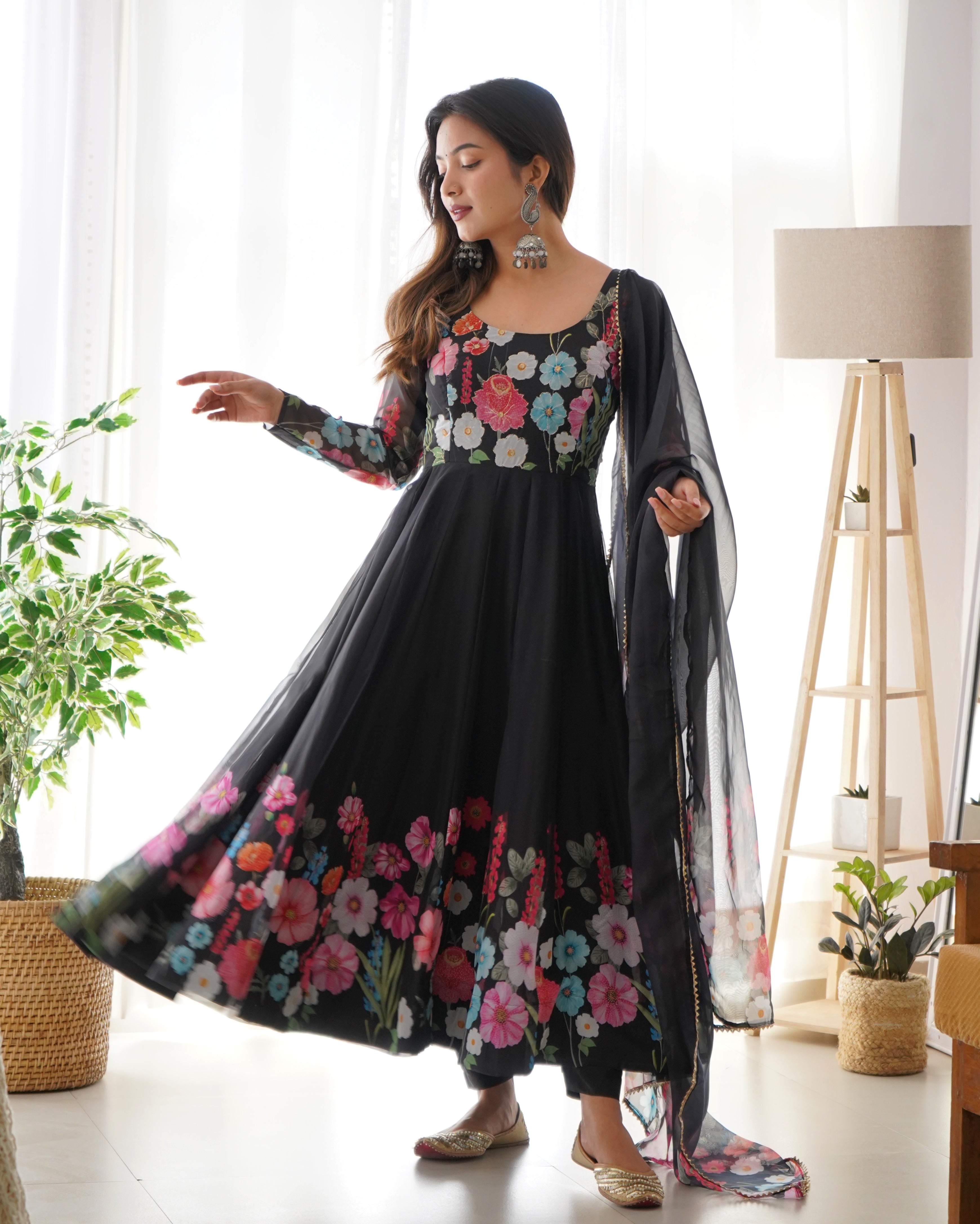 Women Floral Printed Organza Silk Flared Anarkali Kurta Set