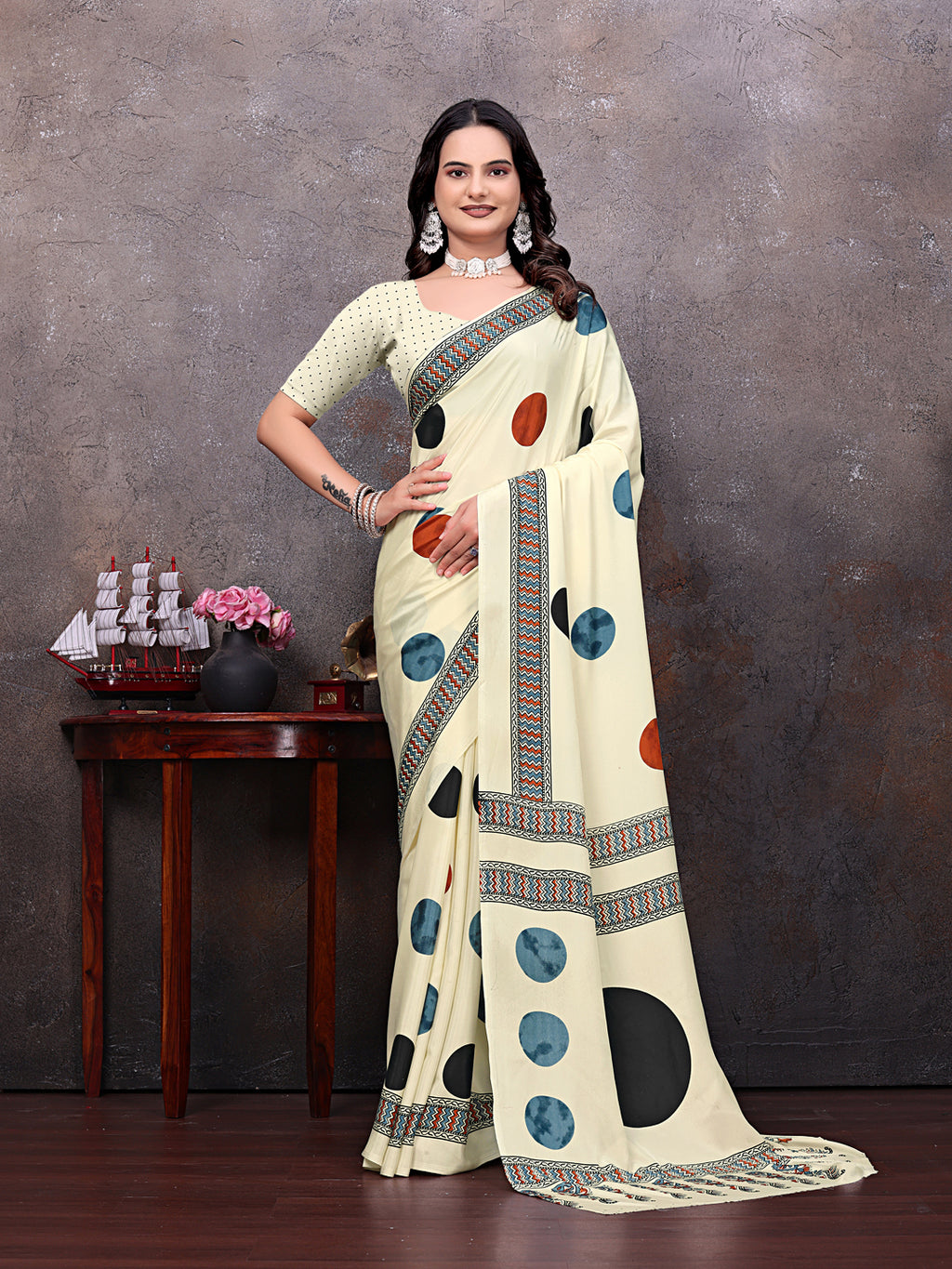Crepe Silk Casual Wear Cream Color  Saree