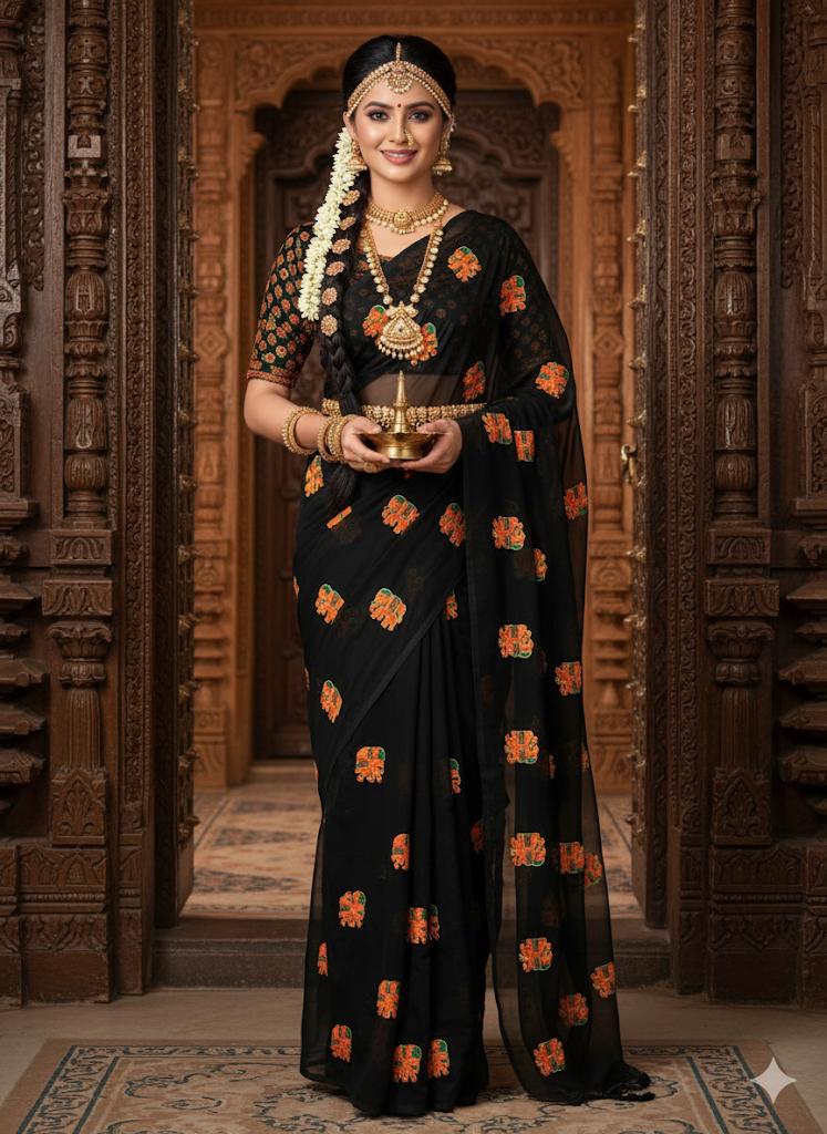 Traditional Gamthi Work Georgette Saree with All Over Embroidery