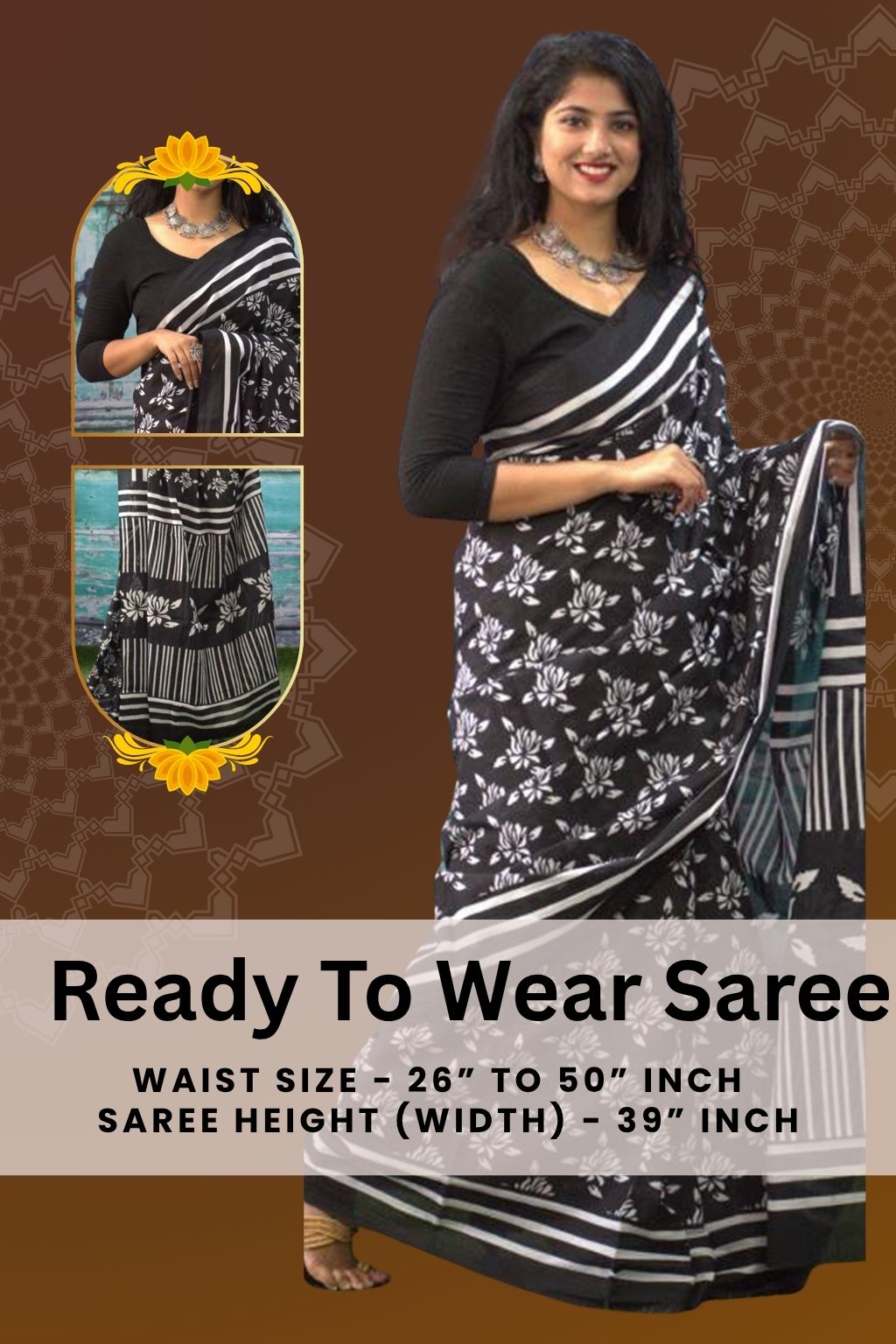 Jaipuri Mul Cotton Ready to Wear Saree for Women | Batik Floral Printed Pre-Draped Pre-Pleated Cotton Saree | Adjustable Waist 26–50 Inch