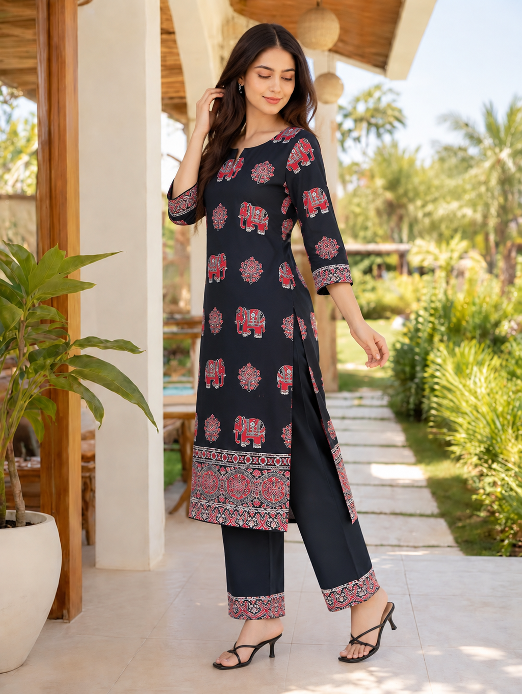 Soft cotton Ajrakh straight kurta set – black, view 2