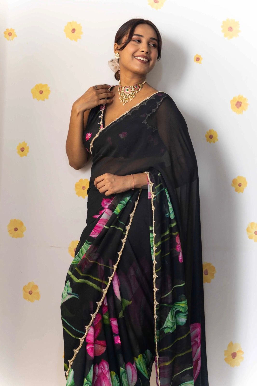 Soft Tabi Organza Floral Saree with Khatali Cut Dana & Moti Work