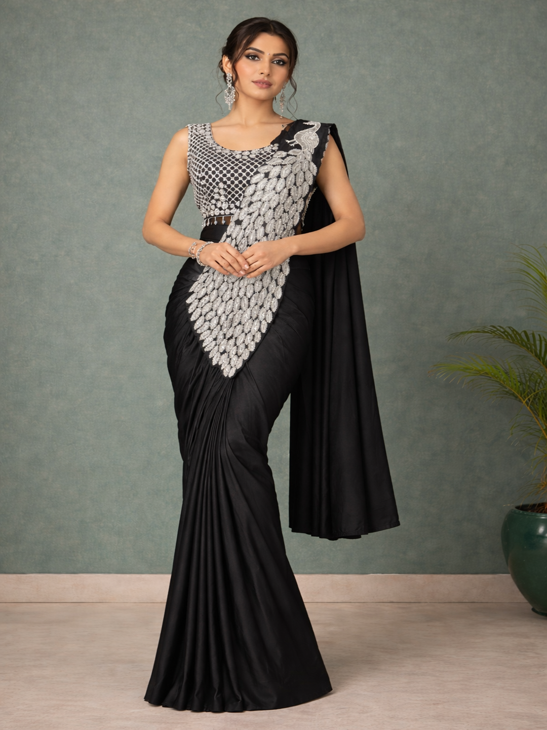 Ready to Wear Silk Crepe Saree with Heavy Embroidery Sequence Work Stitched Blouse