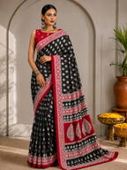 Block Printed Mulmul Saree with Leaf Motifs and Contrast Border