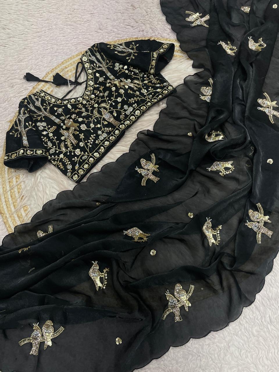 Satin Saree with Heavy Beaded Work Stitched Blouse