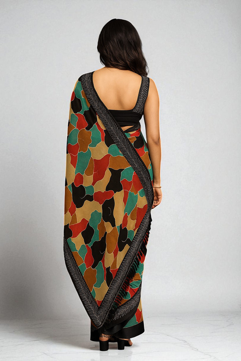 Abstract Printed Chiffon Saree With Border Siroski Diamond Work