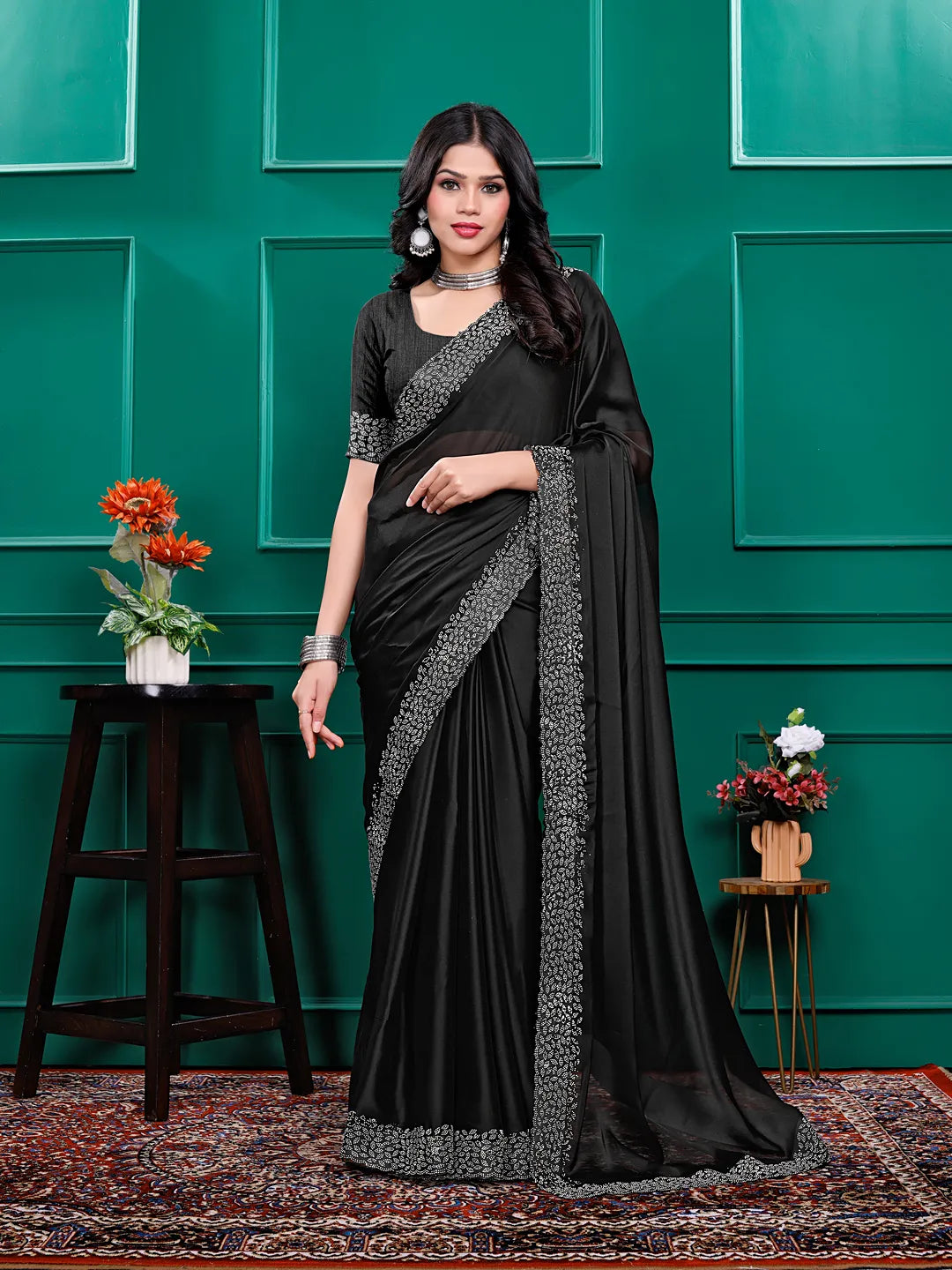Silk  Siroski  Diamond Lace Work Saree