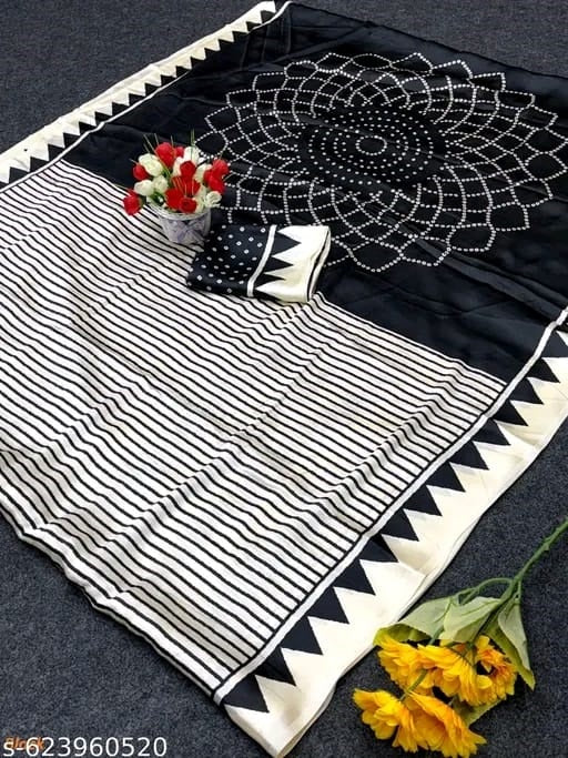 Crepe Silk Saree with Contemporary Geometric Stripes & Traditional Bandhani Print