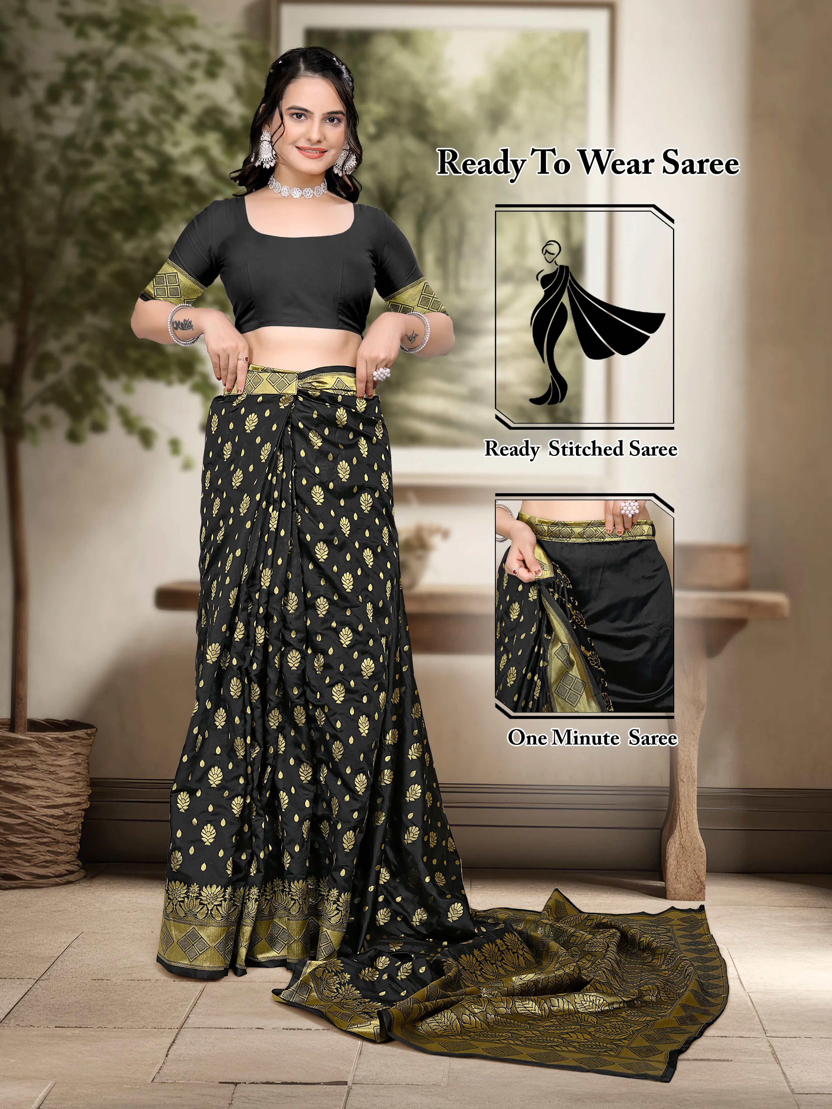 Ready to Wear Woven Banarasi Jacquard Pure Silk Saree