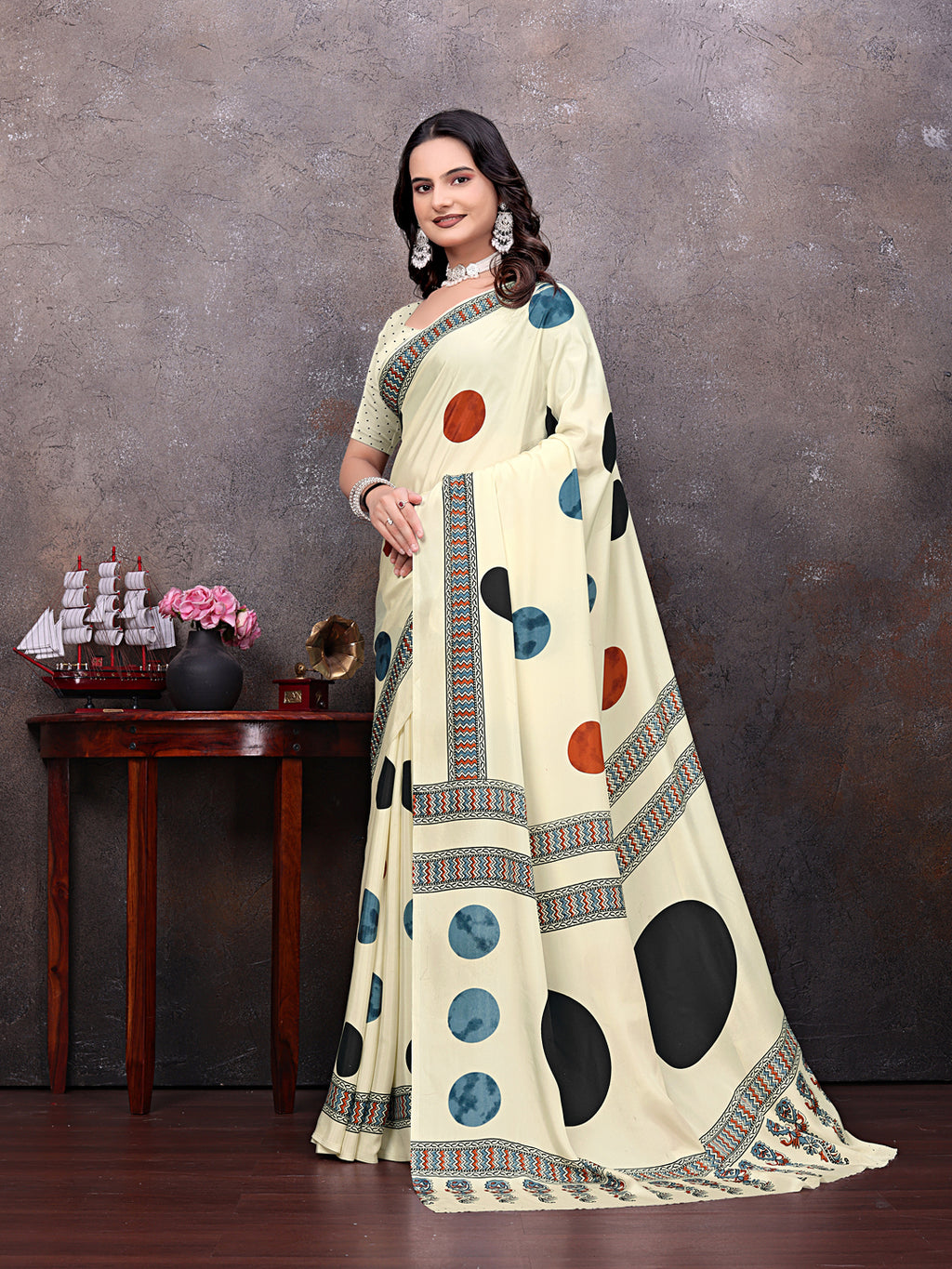 Crepe Silk Casual Wear Cream Color  Saree