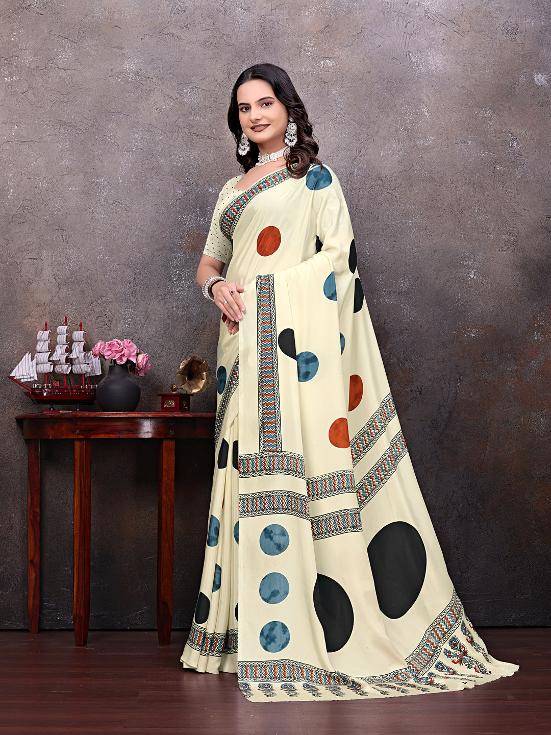 Crepe Silk Casual Wear Cream Color  Saree