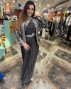 Trendy Indo-Western Ready-to-Wear Crepe Saree with Heavy Embroidered Koti & Stitched Blouse