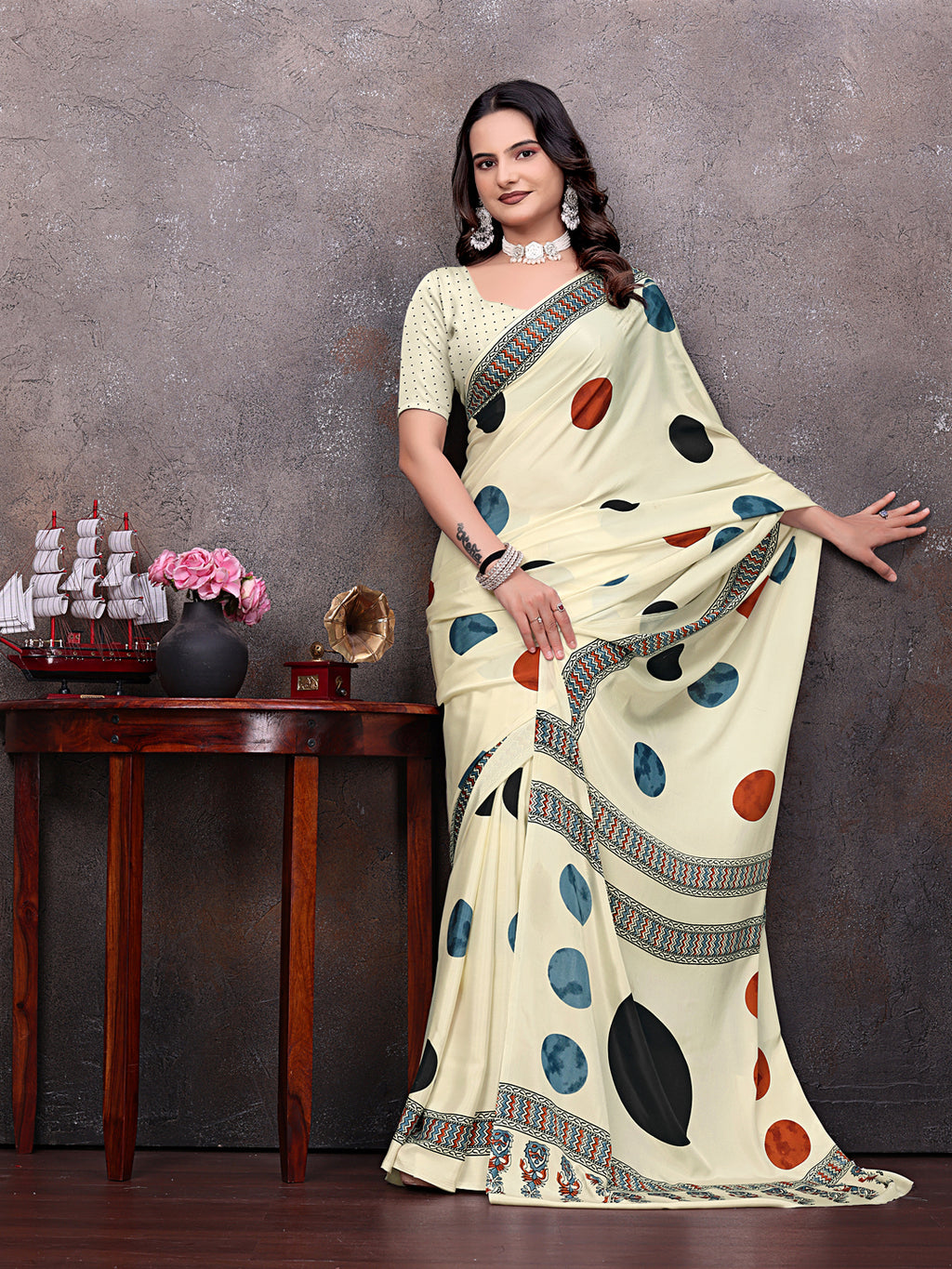 Crepe Silk Casual Wear Cream Color  Saree