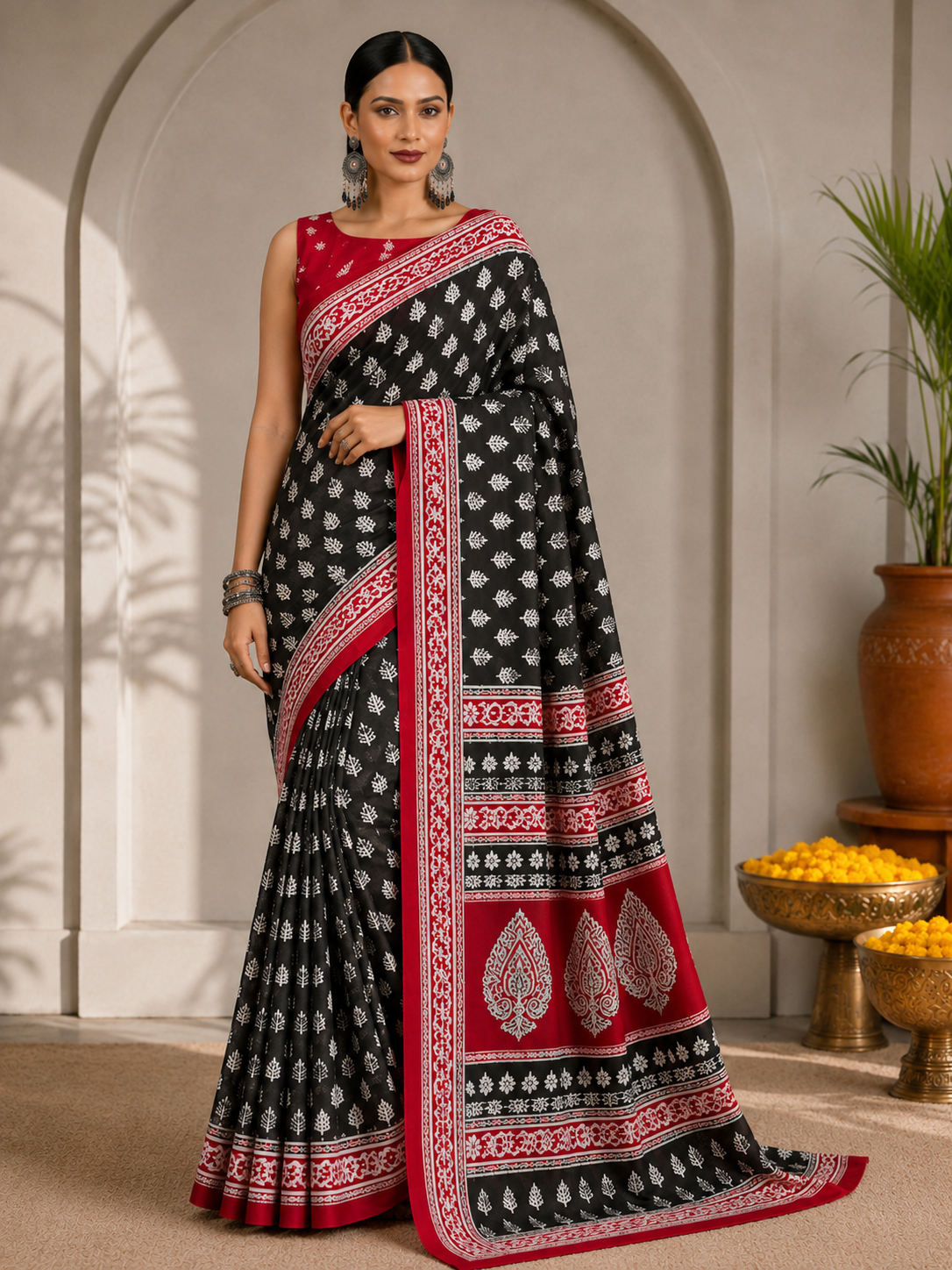 Block Printed Mulmul Saree with Leaf Motifs and Contrast Border
