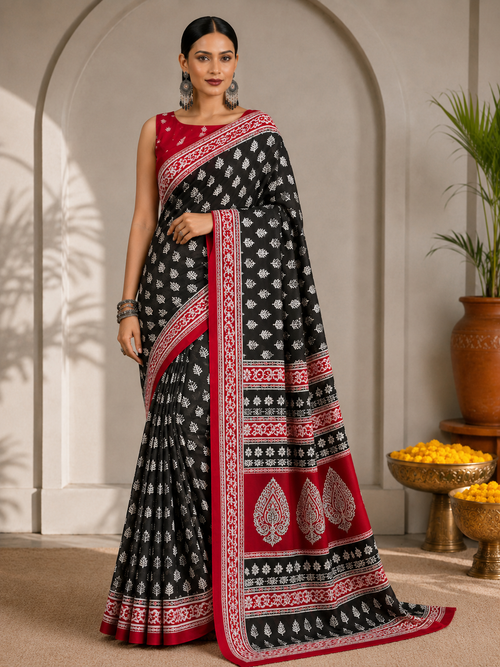 Block Printed Mulmul Saree with Leaf Motifs and Contrast Border - Pionex Fab