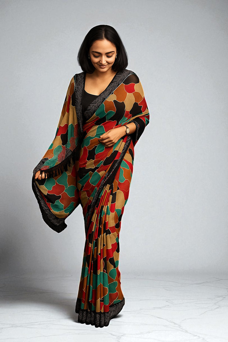 Abstract Printed Chiffon Saree With Border Siroski Diamond Work