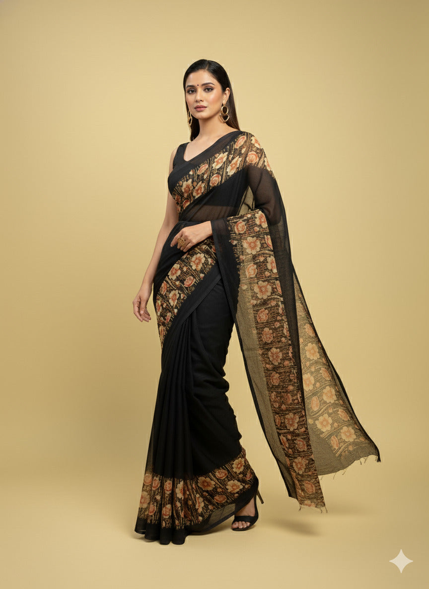 Elegant Floral Border Print Georgette Border Saree
