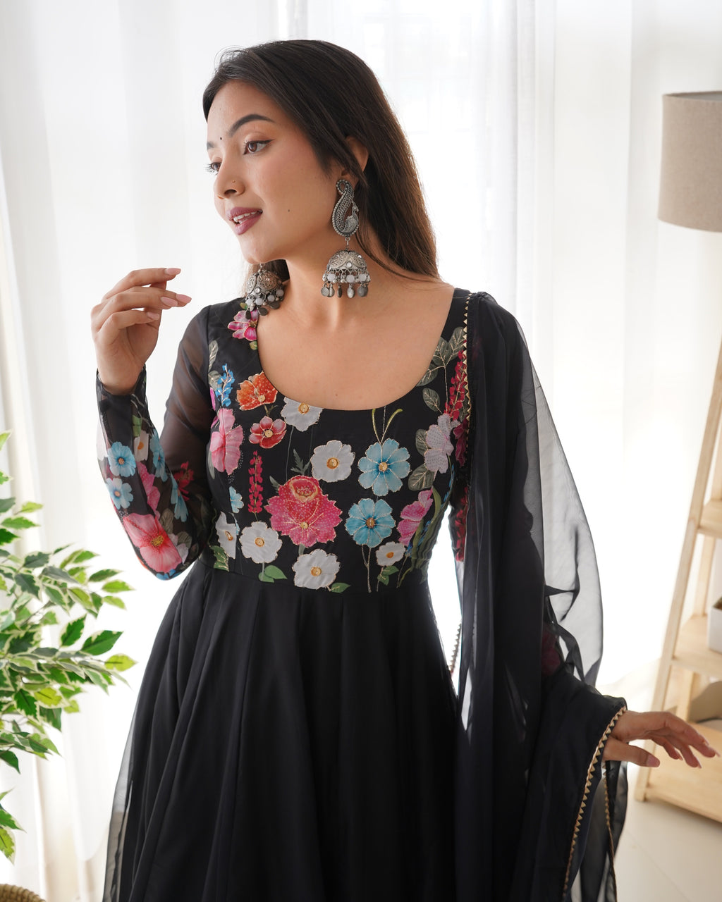 Women Floral Printed Organza Silk Flared Anarkali Kurta Set